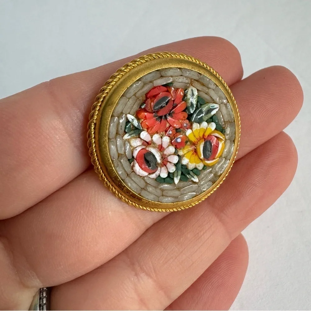 Vintage‎ Floral Mosaic Brooch Rose Floral Pin Signed Italy Italian Florentine